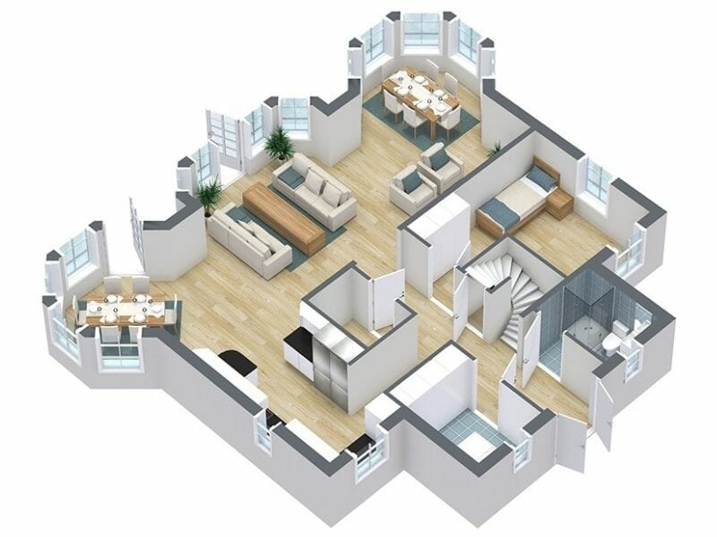 3D Floor Plan With Bay Windows