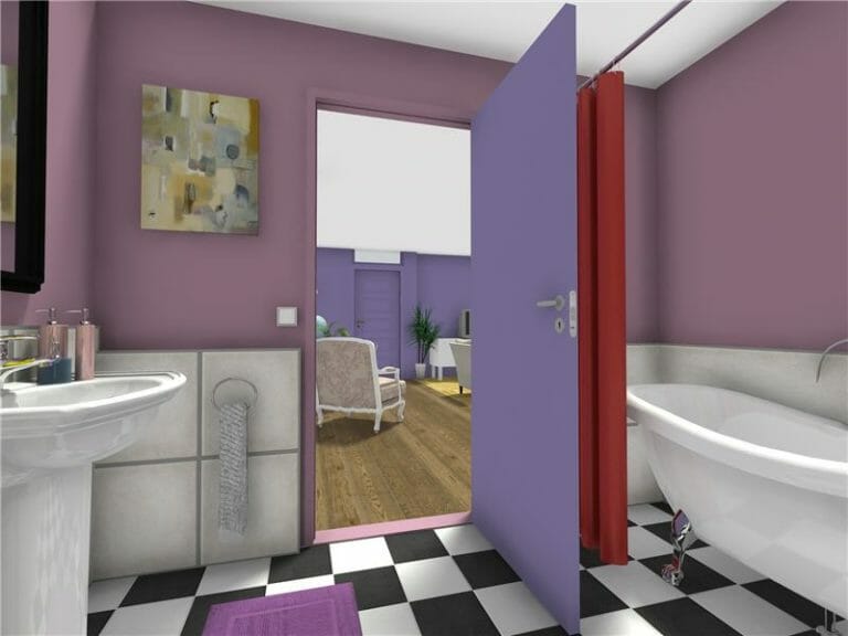 Monica's purple apartment bathroom