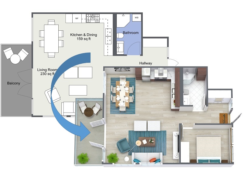 2D floor plan and 3D floor plan