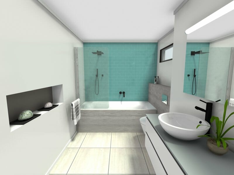 Scandinavian bathroom style aqua accent wall