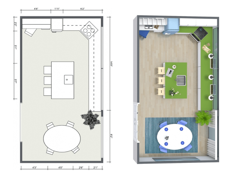 kitchen 2D floor plan and 3D floor plan